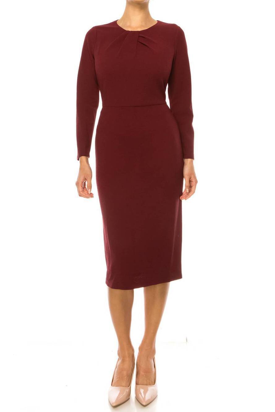 NEW MAGGY LONDON long sleeve pleated neck sheath dress in zinfandel